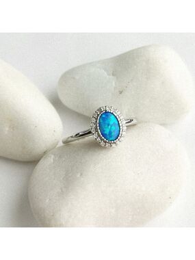 Blue Opal CZ Halo Sterling Silver Ring Size 8 🆕